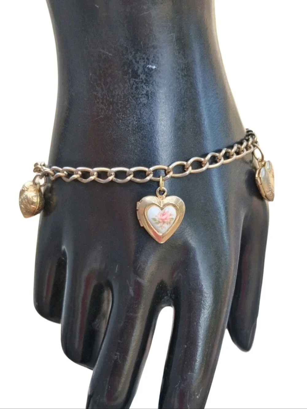 Vintage Heart Charm Bracelet Gold Tone Locket Rose Faux Pearl Rhinestone